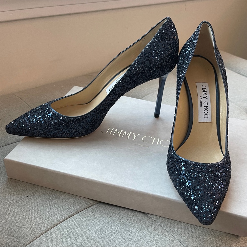 Like new ROMY 85 Navy Glitter Jimmy Choo Heels
